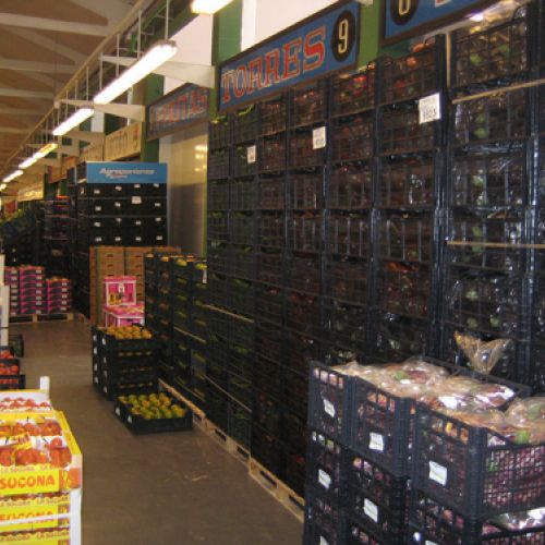 Vista del puesto con cajas de frutas y verduras