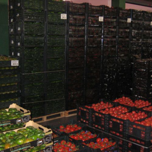 Cajas de verduras en almacén