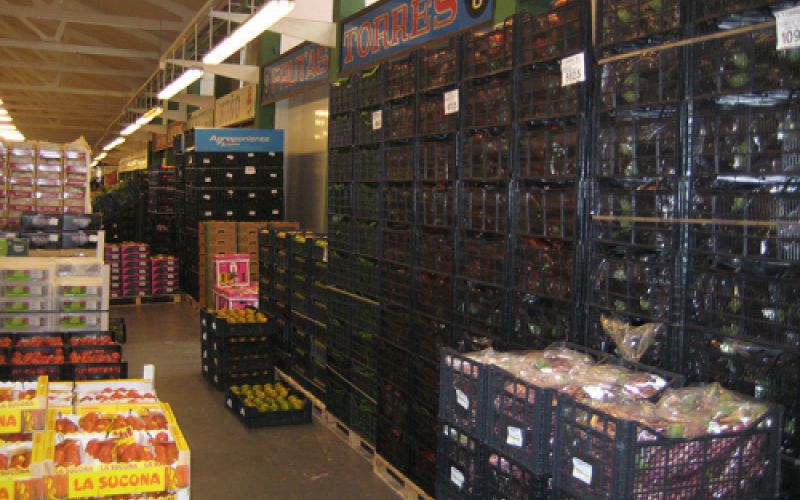 Vista del puesto con cajas de frutas y verduras